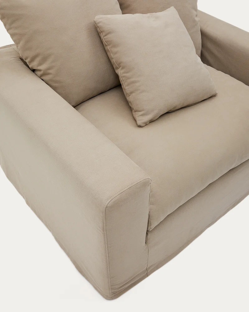 Nora armchair with removable cover with linen and cotton cushion in taupe 140cm