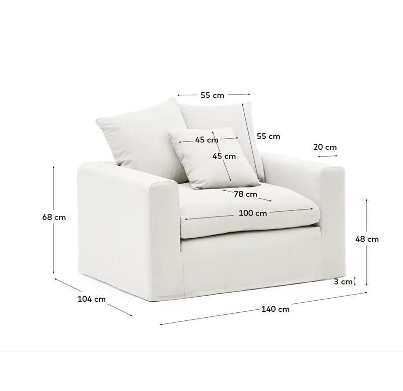 Nora armchair with removable cover with linen and cotton cushion in ecru 140cm