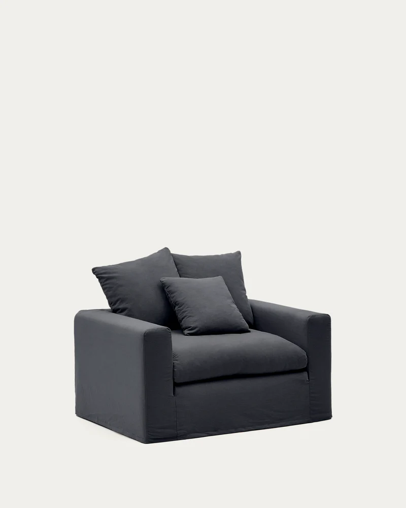 Nora armchair with removable cover with linen and cotton cushion in anthracite grey 140cm