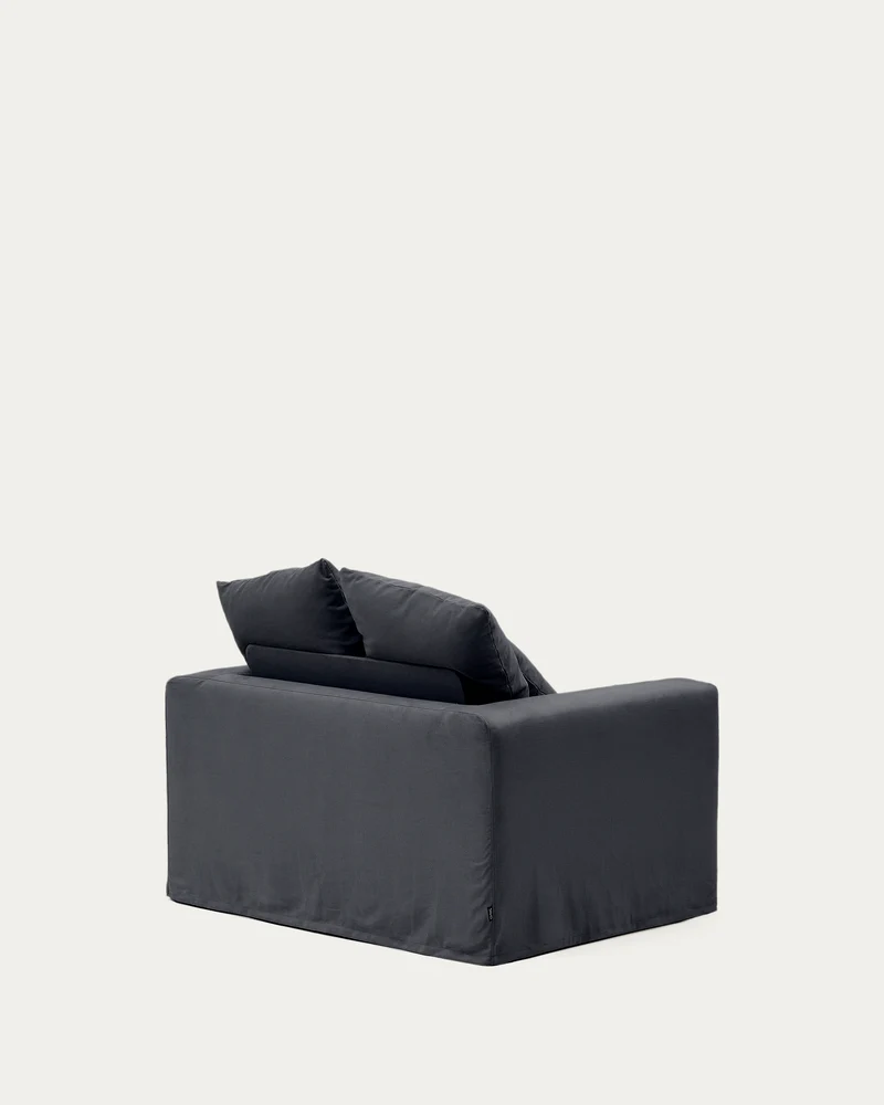 Nora armchair with removable cover with linen and cotton cushion in anthracite grey 140cm