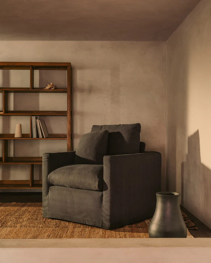 Nora armchair with removable cover with linen and cotton cushion in taupe 92cm