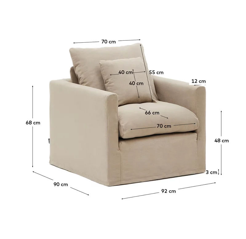 Nora armchair with removable cover with linen and cotton cushion in taupe 92cm