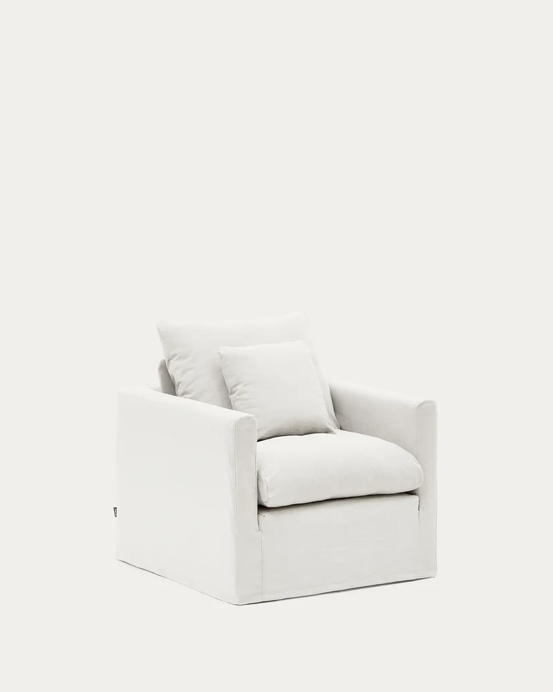 Nora armchair with removable cover with linen and cotton cushion in ecru 92cm
