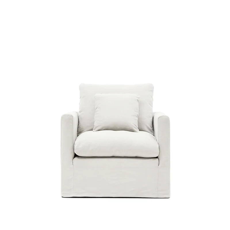 Nora armchair with removable cover with linen and cotton cushion in ecru 92cm