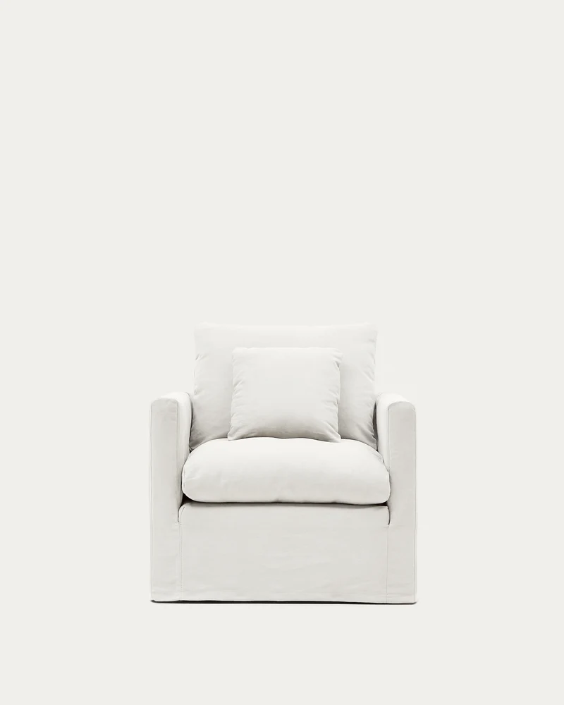 Nora armchair with removable cover with linen and cotton cushion in ecru 92cm