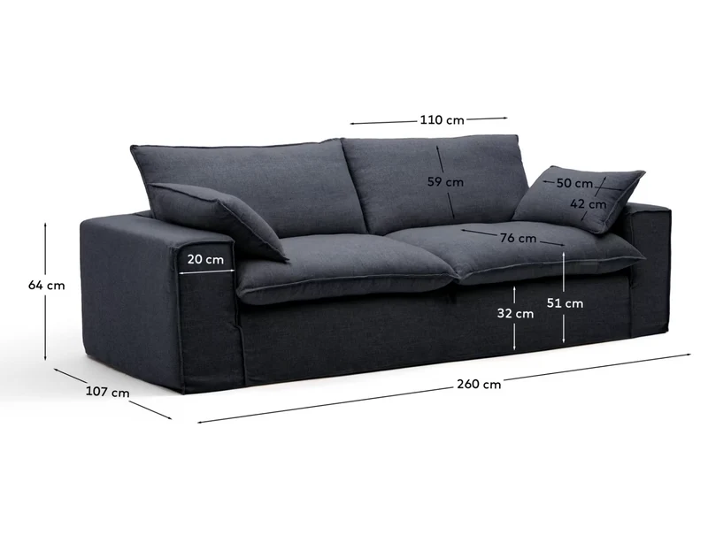 Anarela dark grey linen and viscose 3-seater sofa with removable cover 260 cm FSC Mix Credit