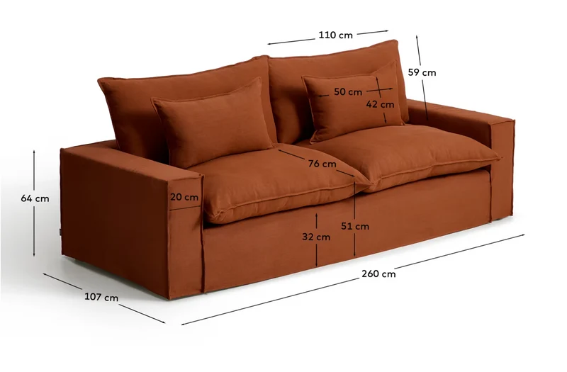 Anarela terracotta linen 3-seater sofa with removable cover 260 cm FSC Mix Credit
