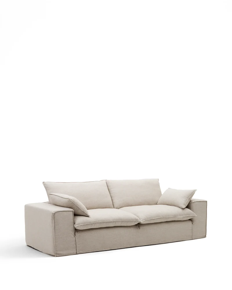 Anarela removable-cover 3-seater sofa with beige linen cushions FSC Mix Credit 280 cm.