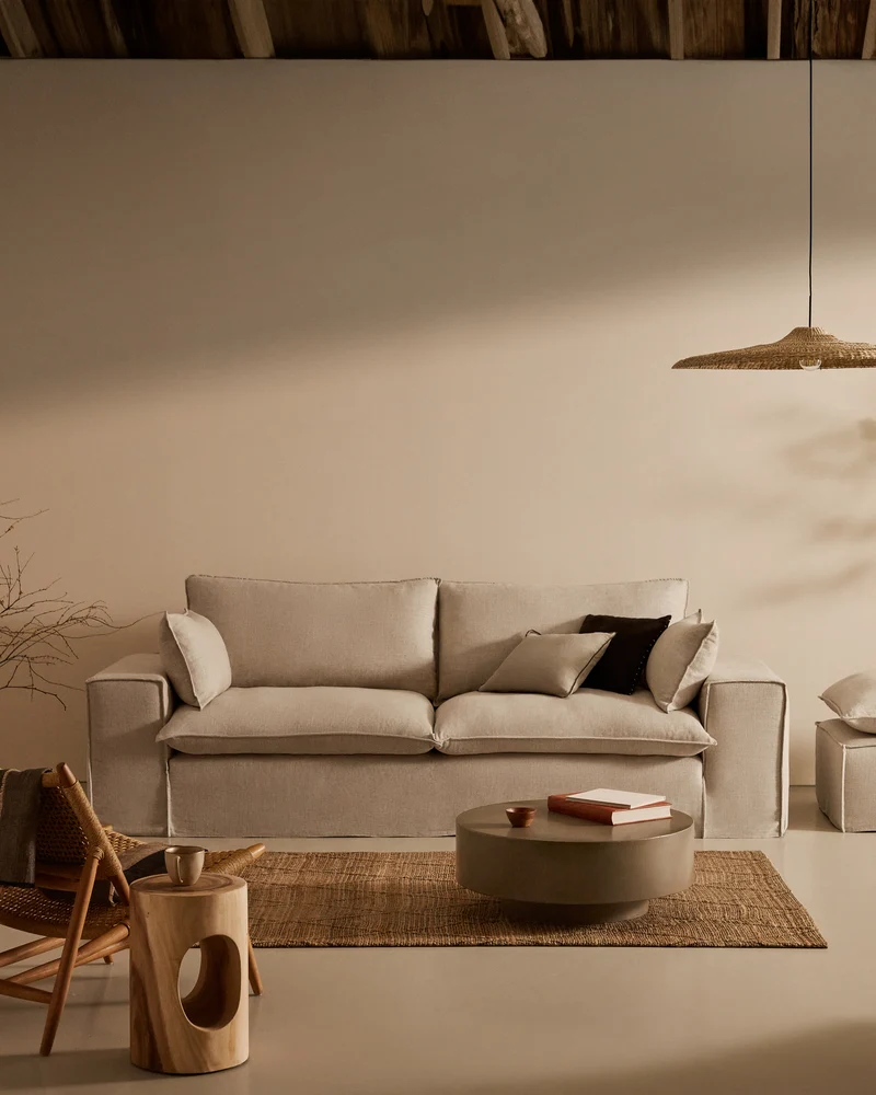 Anarela removable-cover 3-seater sofa with beige linen cushions FSC Mix Credit 280 cm.