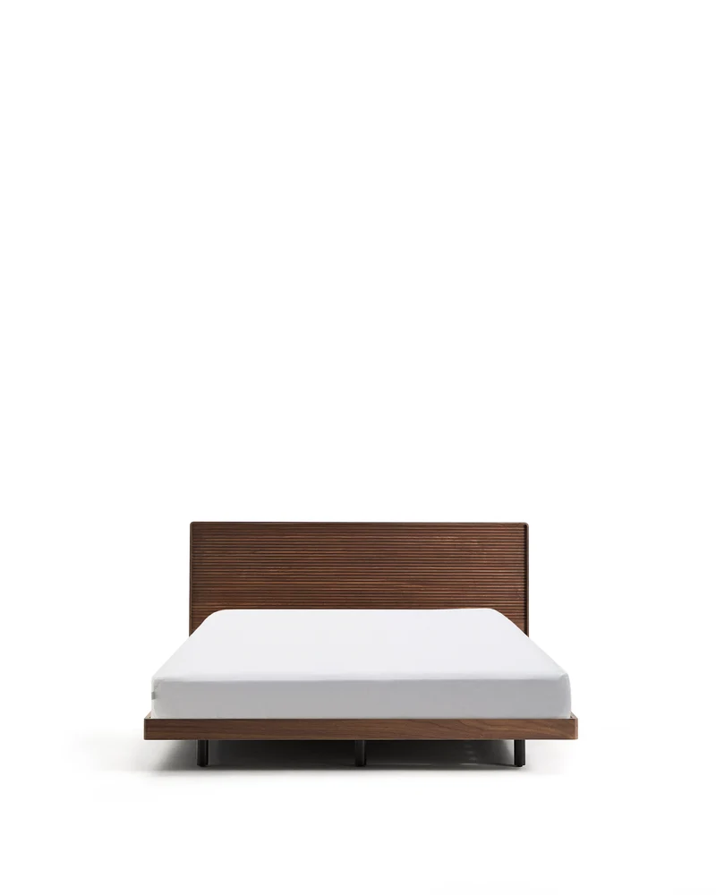 Norlen bed in walnut veneer with dark finish and LED light for 160 x 200cm mattress FSC Mix Credit UK adapter