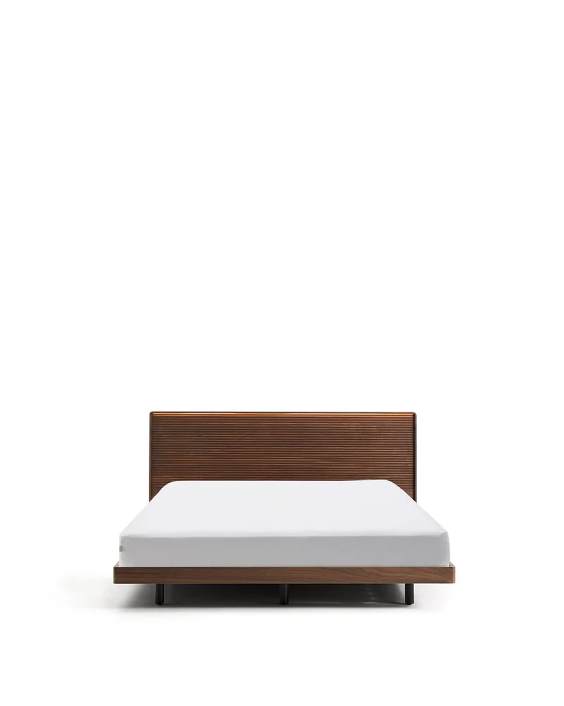 Norlen bed in walnut veneer with dark finish and LED light for 160 x 200cm mattress FSC Mix Credit UK adapter