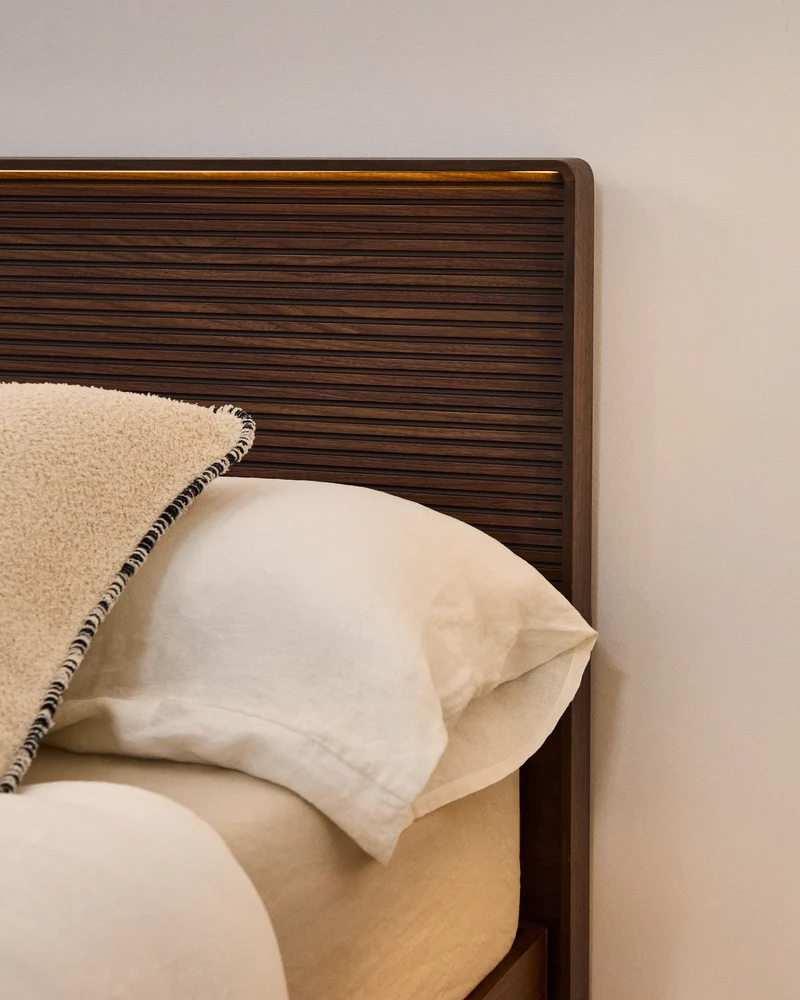 Norlen bed in walnut veneer with dark finish and LED light for 160 x 200cm mattress FSC Mix Credit UK adapter