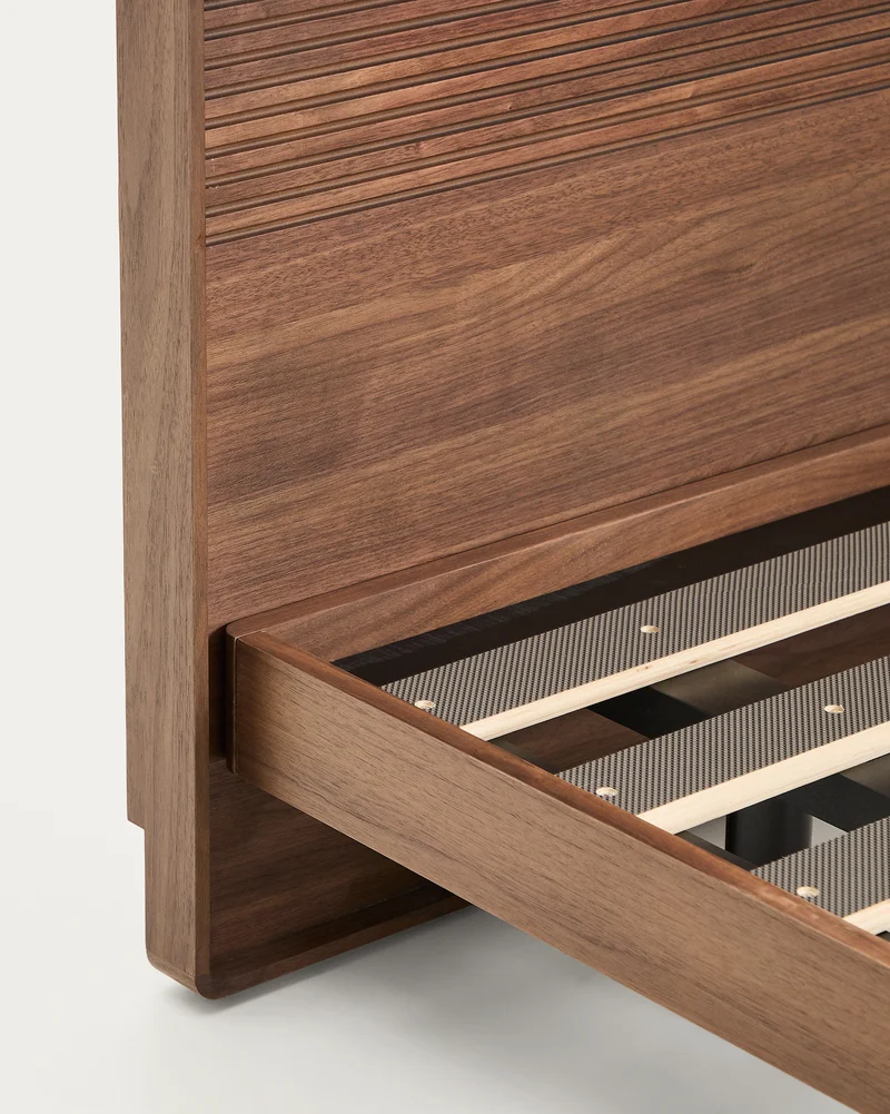 Norlen bed in walnut veneer with dark finish and LED light for 160 x 200cm mattress FSC Mix Credit UK adapter