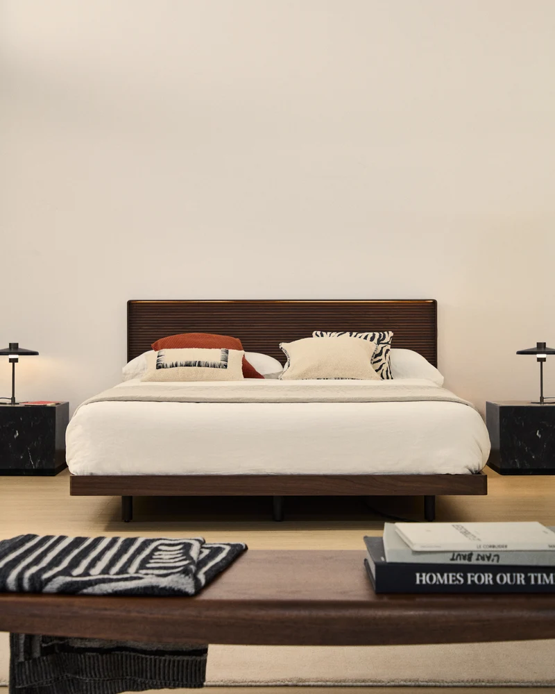 Norlen bed walnut veneer with dark finish and LED light for 180 x 200 cm mattress FSC Mix Credit UK adapter