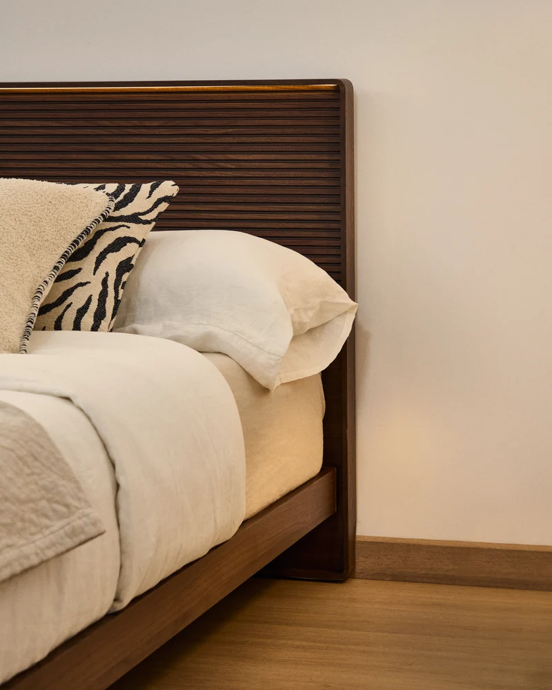 Norlen bed walnut veneer with dark finish and LED light for 180 x 200 cm mattress FSC Mix Credit UK adapter