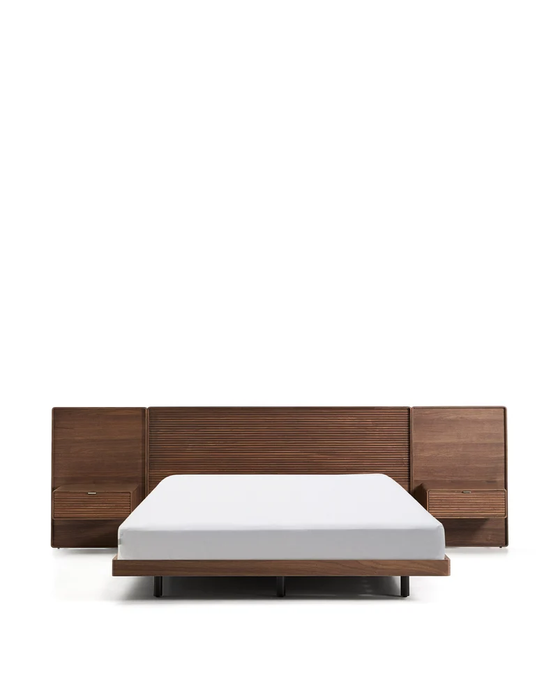 Norlen bed with 2 bedside tables in walnut veneer with dark finish and LED light for 160 x 200cm mattress FSC Mix Credit UK adapter