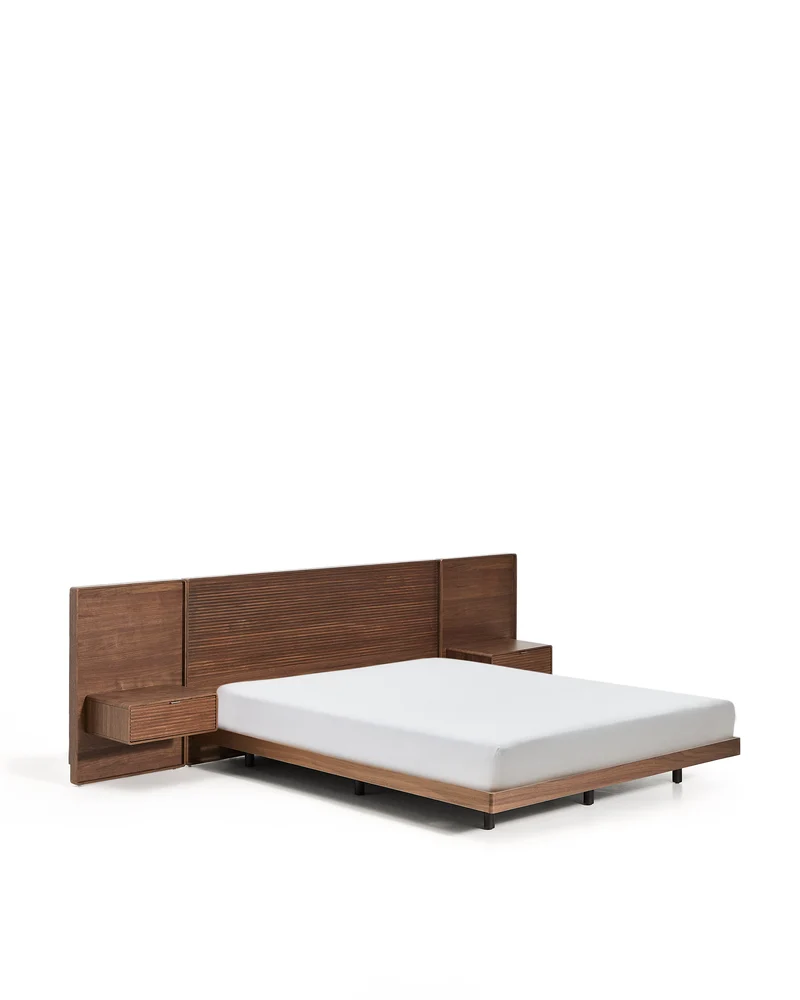 Norlen bed with 2 bedside tables in walnut veneer with dark finish and LED light for 160 x 200cm mattress FSC Mix Credit UK adapter