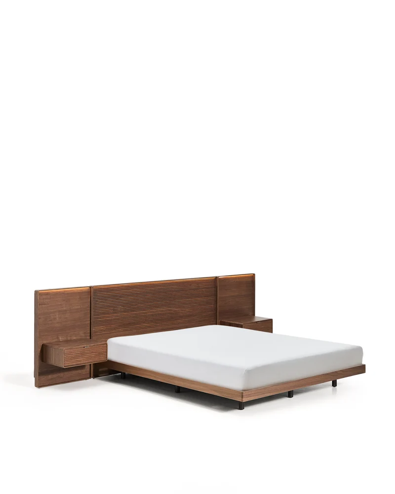 Norlen bed with 2 bedside tables in walnut veneer with dark finish and LED light for 160 x 200cm mattress FSC Mix Credit UK adapter