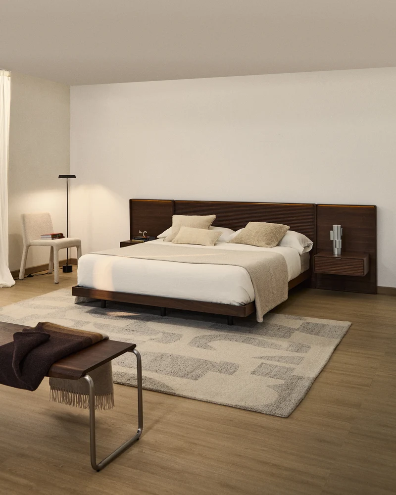 Norlen bed with 2 bedside tables in walnut veneer with dark finish and LED light for 160 x 200cm mattress FSC Mix Credit UK adapter