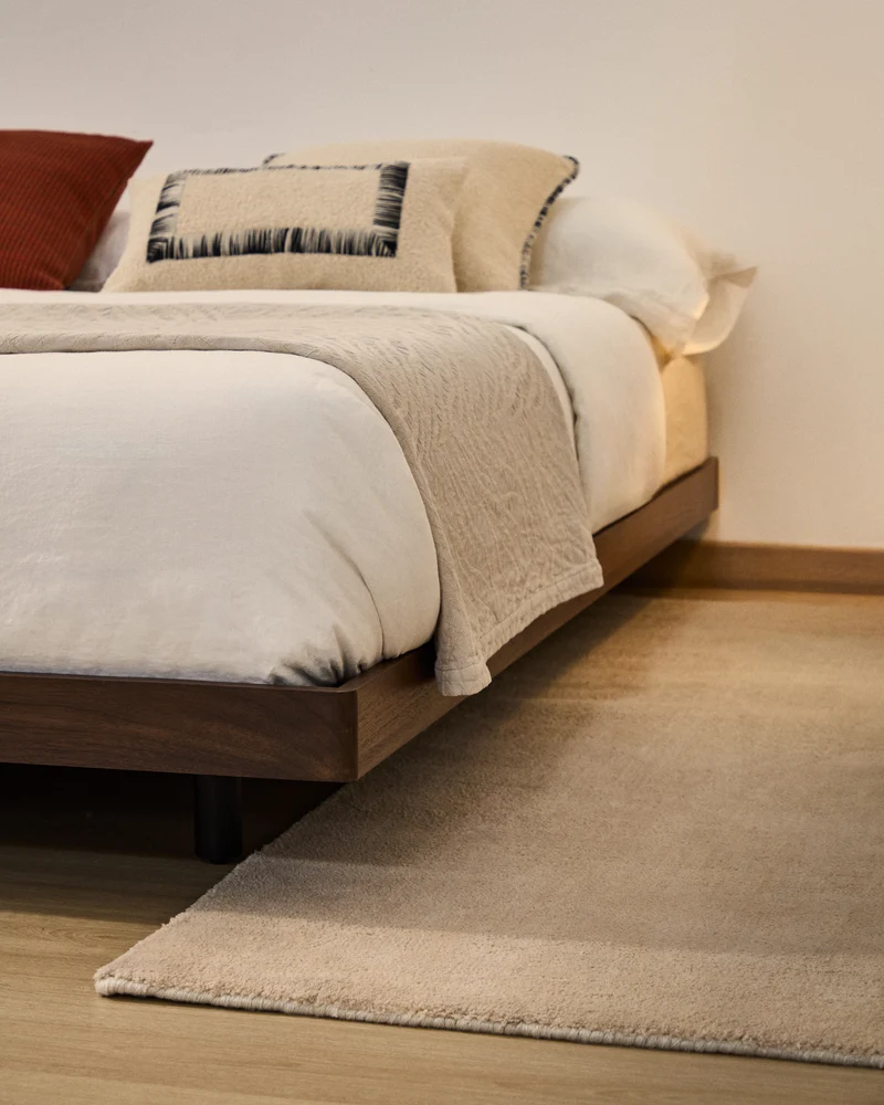 Norlen bed with 2 bedside tables in walnut veneer with dark finish and LED light for 160 x 200cm mattress FSC Mix Credit UK adapter