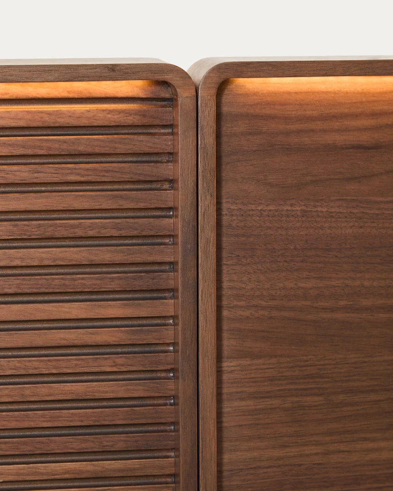 Norlen bed with 2 bedside tables in walnut veneer with dark finish and LED light for 160 x 200cm mattress FSC Mix Credit UK adapter