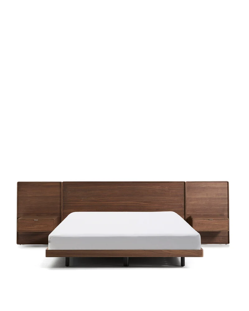 Norlen bed with 2 bedside tables in walnut veneer with dark finish and LED light for 180 x 200 cm mattress FSC Mix Credit UK adapter