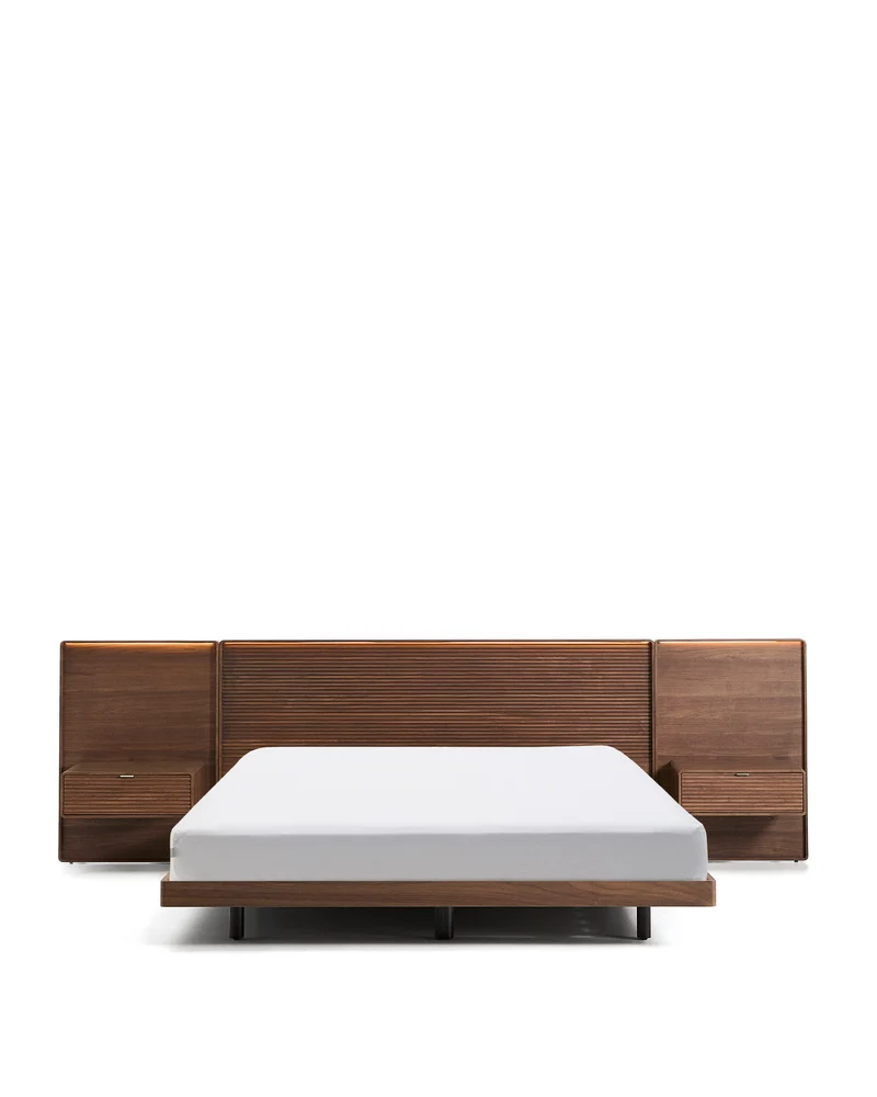 Norlen bed with 2 bedside tables in walnut veneer with dark finish and LED light for 180 x 200 cm mattress FSC Mix Credit UK adapter