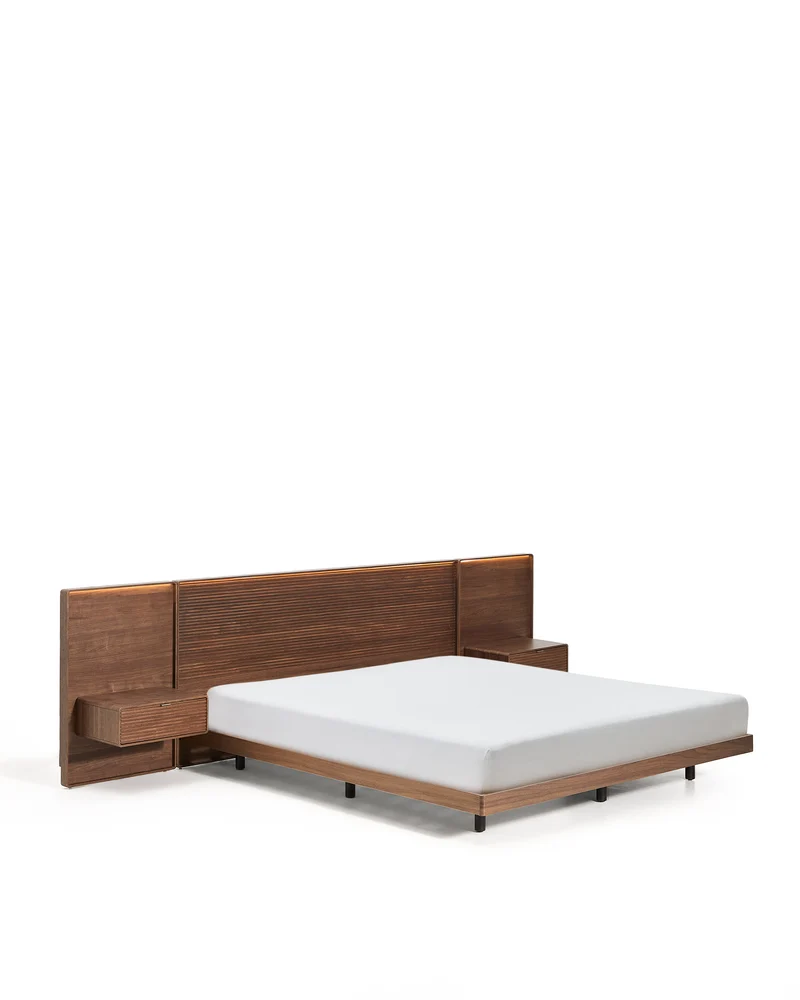 Norlen bed with 2 bedside tables in walnut veneer with dark finish and LED light for 180 x 200 cm mattress FSC Mix Credit UK adapter
