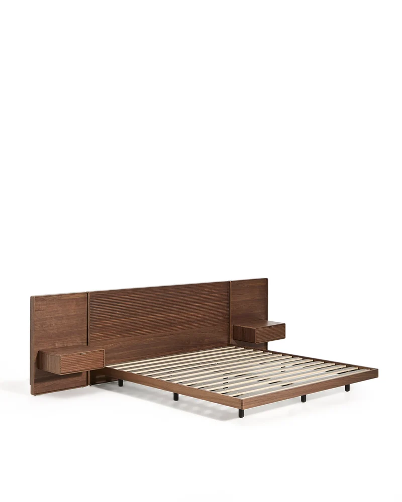 Norlen bed with 2 bedside tables in walnut veneer with dark finish and LED light for 180 x 200 cm mattress FSC Mix Credit UK adapter