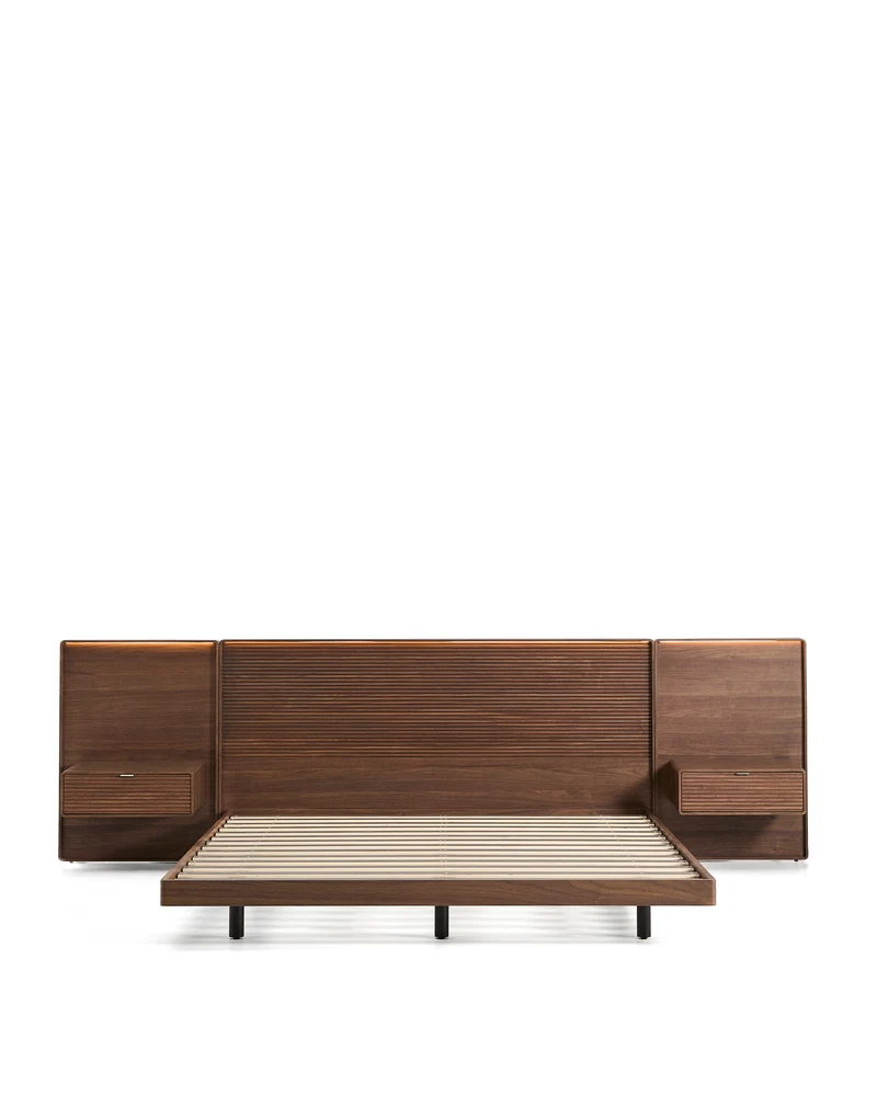 Norlen bed with 2 bedside tables in walnut veneer with dark finish and LED light for 180 x 200 cm mattress FSC Mix Credit UK adapter