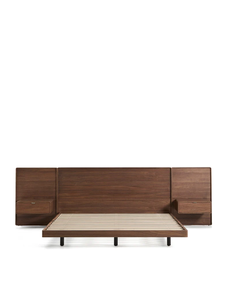 Norlen bed with 2 bedside tables in walnut veneer with dark finish and LED light for 180 x 200 cm mattress FSC Mix Credit UK adapter