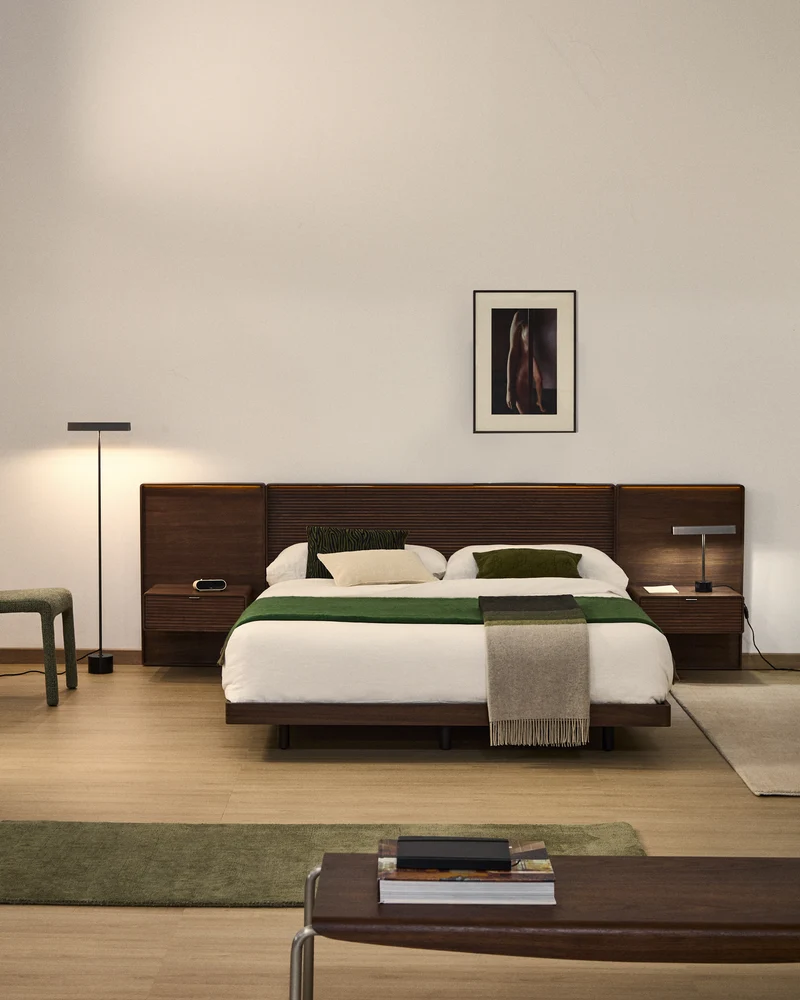Norlen bed with 2 bedside tables in walnut veneer with dark finish and LED light for 180 x 200 cm mattress FSC Mix Credit UK adapter
