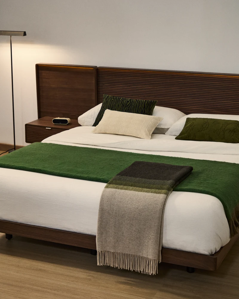 Norlen bed with 2 bedside tables in walnut veneer with dark finish and LED light for 180 x 200 cm mattress FSC Mix Credit UK adapter