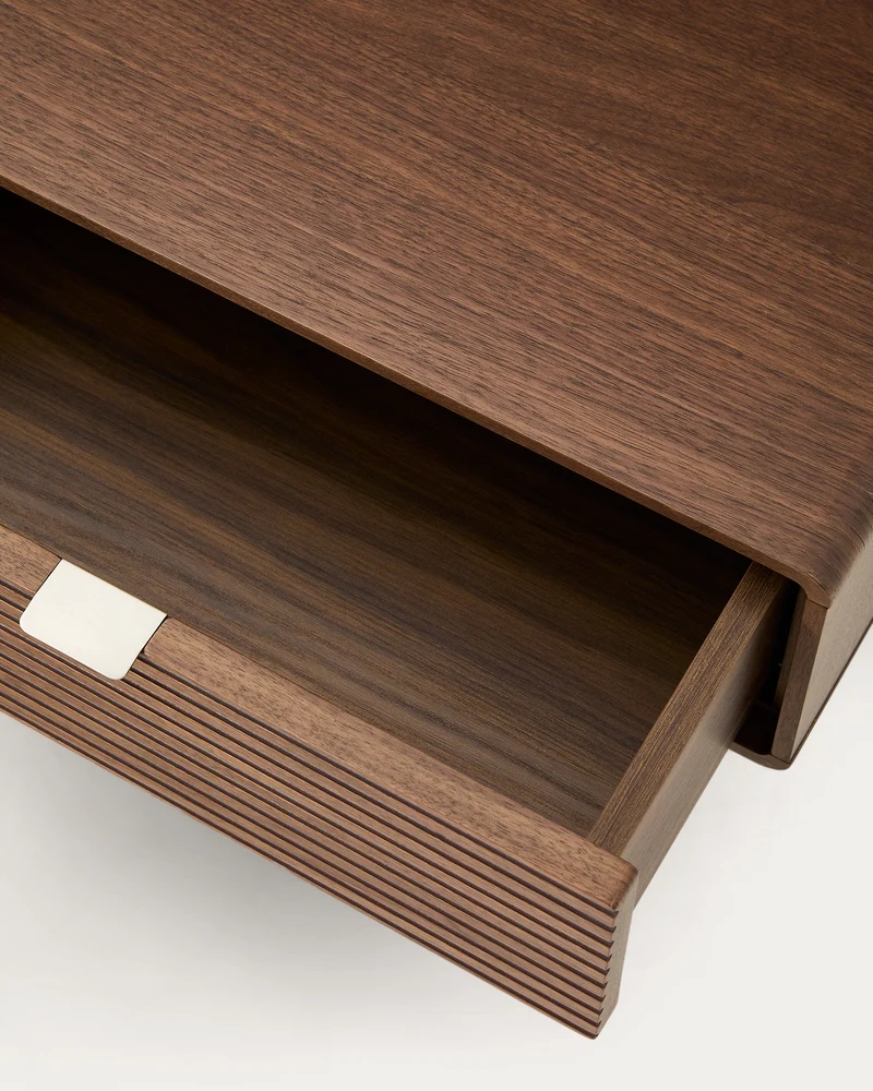 Norlen bed with 2 bedside tables in walnut veneer with dark finish and LED light for 180 x 200 cm mattress FSC Mix Credit UK adapter