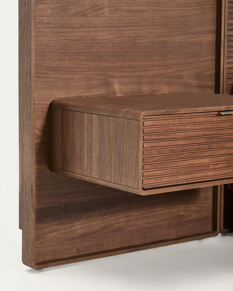 Norlen bed with 2 bedside tables in walnut veneer with dark finish and LED light for 180 x 200 cm mattress FSC Mix Credit UK adapter