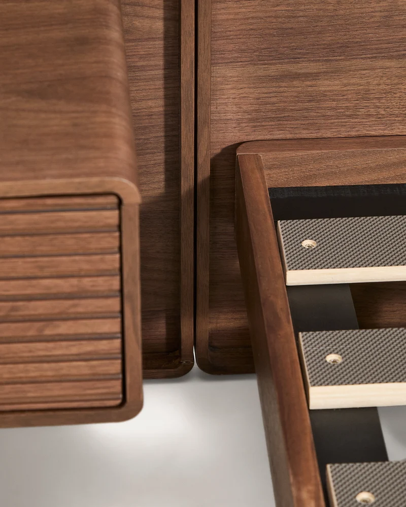 Norlen bed with 2 bedside tables in walnut veneer with dark finish and LED light for 180 x 200 cm mattress FSC Mix Credit UK adapter