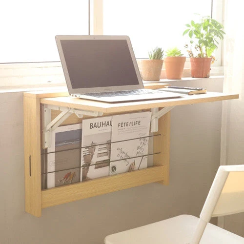 Bureau pliable mural avec étagère de rangement