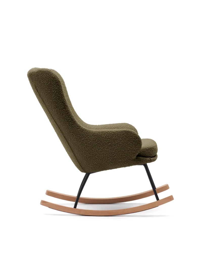 Maustin rocking chair in green bouclé with a dark green steel structure and beech wood