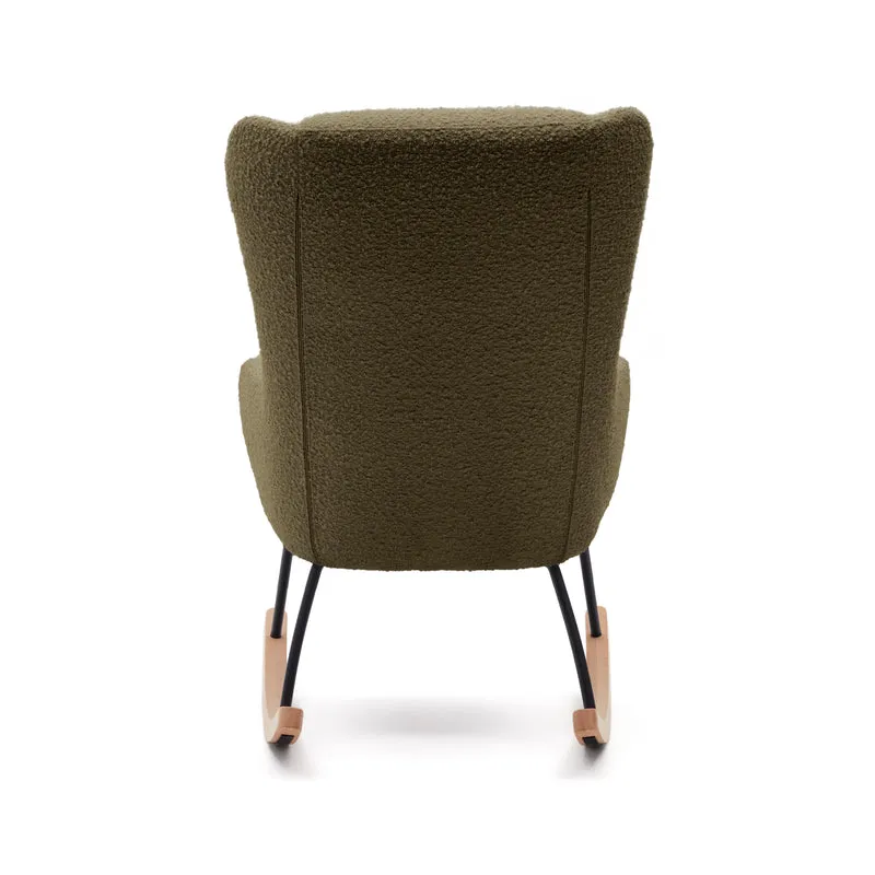Maustin rocking chair in green bouclé with a dark green steel structure and beech wood