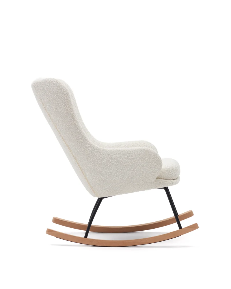 Maustin rocking chair in white bouclé with a black steel structure and beech wood