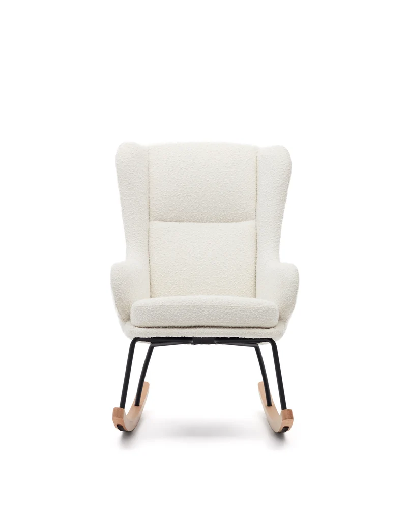 Maustin rocking chair in white bouclé with a black steel structure and beech wood
