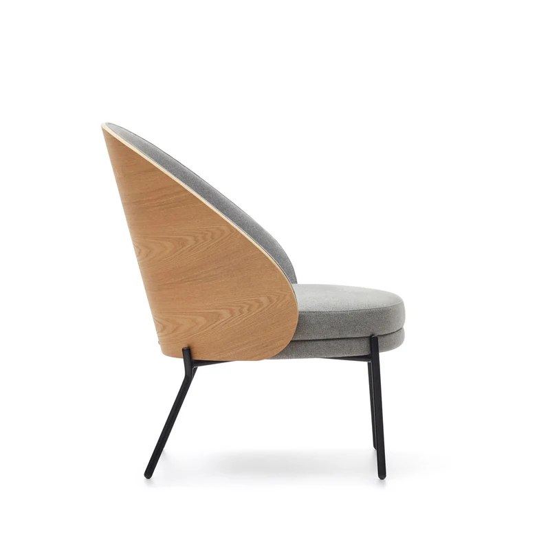 Eamy light grey armchair in an ash wood veneer with a natural finish and black metal