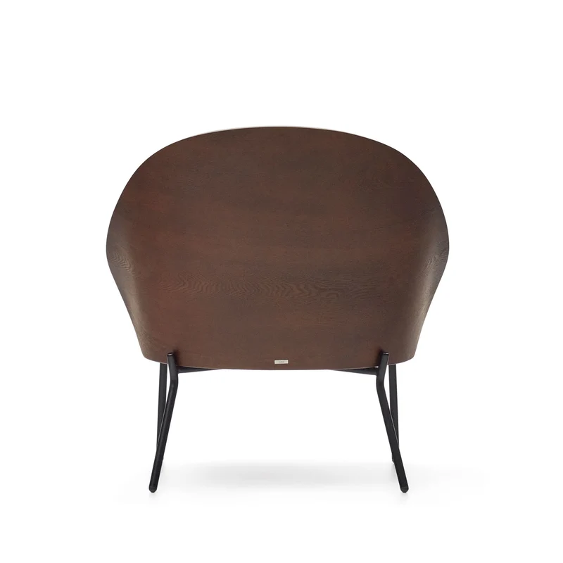 Eamy light brown armchair in an ash wood veneer with a walnut finish and black metal