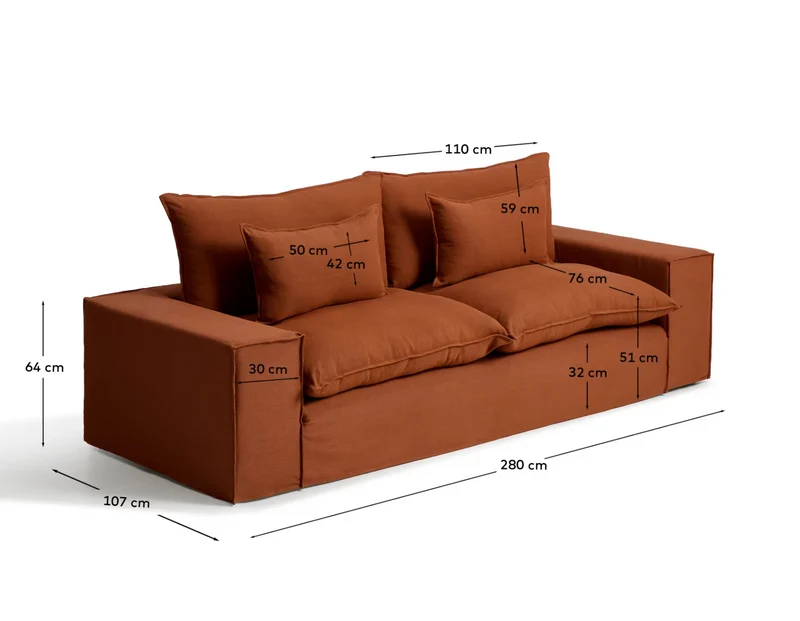 Anarela terracotta linen 3-seater sofa with removable cover 280 cm FSC Mix Credit