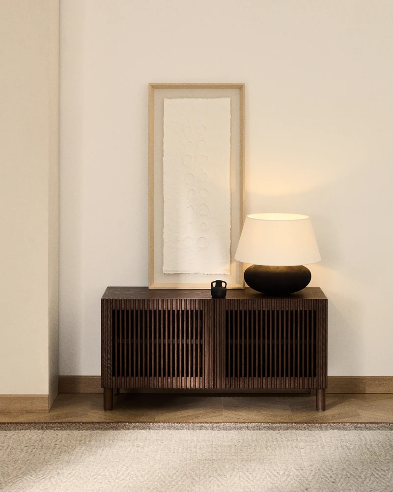 Beyla shoe cabinet with 2 doors in ash veneer and solid ash wood with walnut-tone finish 98.5 cm FSC 100%