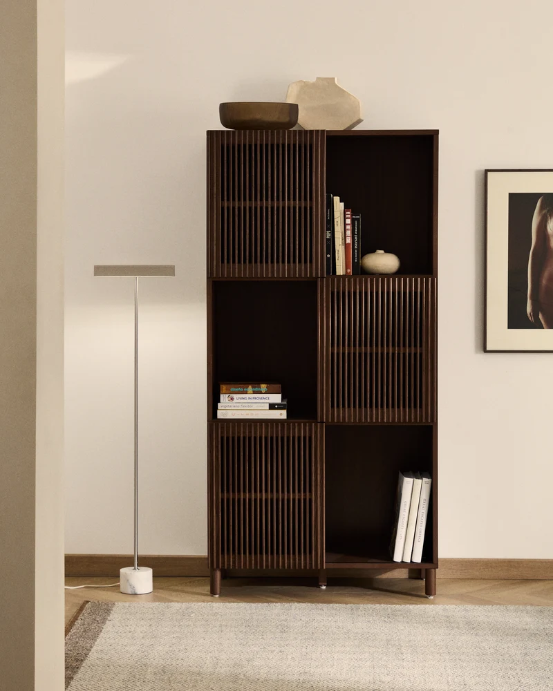 Beyla shelf unit in ash veneer and solid ash wood with walnut finish 84.5 x 170cm FSC 100%