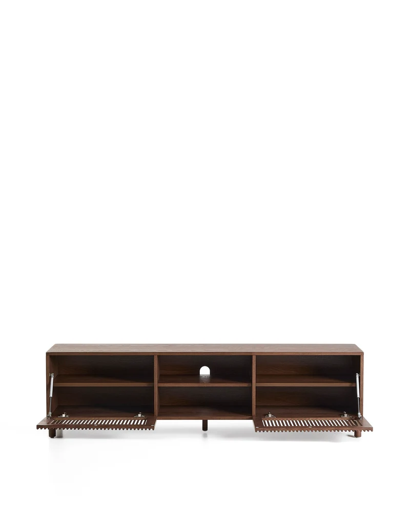 Beyla TV stand with 2 doors in ash veneer and solid ash wood with walnut-tone finish 180 x 49.5 cm FSC 100%
