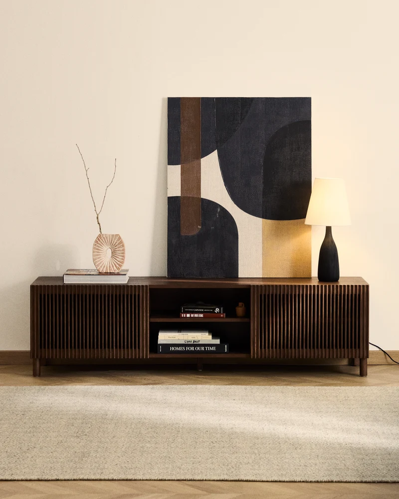 Beyla TV stand with 2 doors in ash veneer and solid ash wood with walnut-tone finish 180 x 49.5 cm FSC 100%