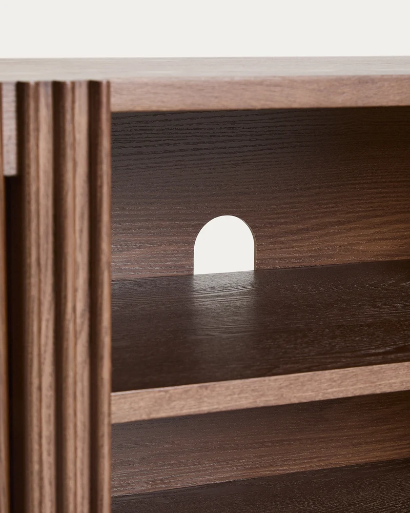 Beyla TV stand with 2 doors in ash veneer and solid ash wood with walnut-tone finish 180 x 49.5 cm FSC 100%