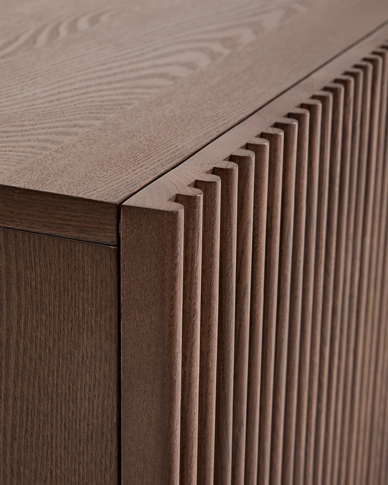 Beyla TV stand with 2 doors in ash veneer and solid ash wood with walnut-tone finish 180 x 49.5 cm FSC 100%